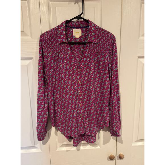 Anthropologie Purple Geometric Button Up Long Sleeve Shirt Top Blouse - Picture 2 of 7